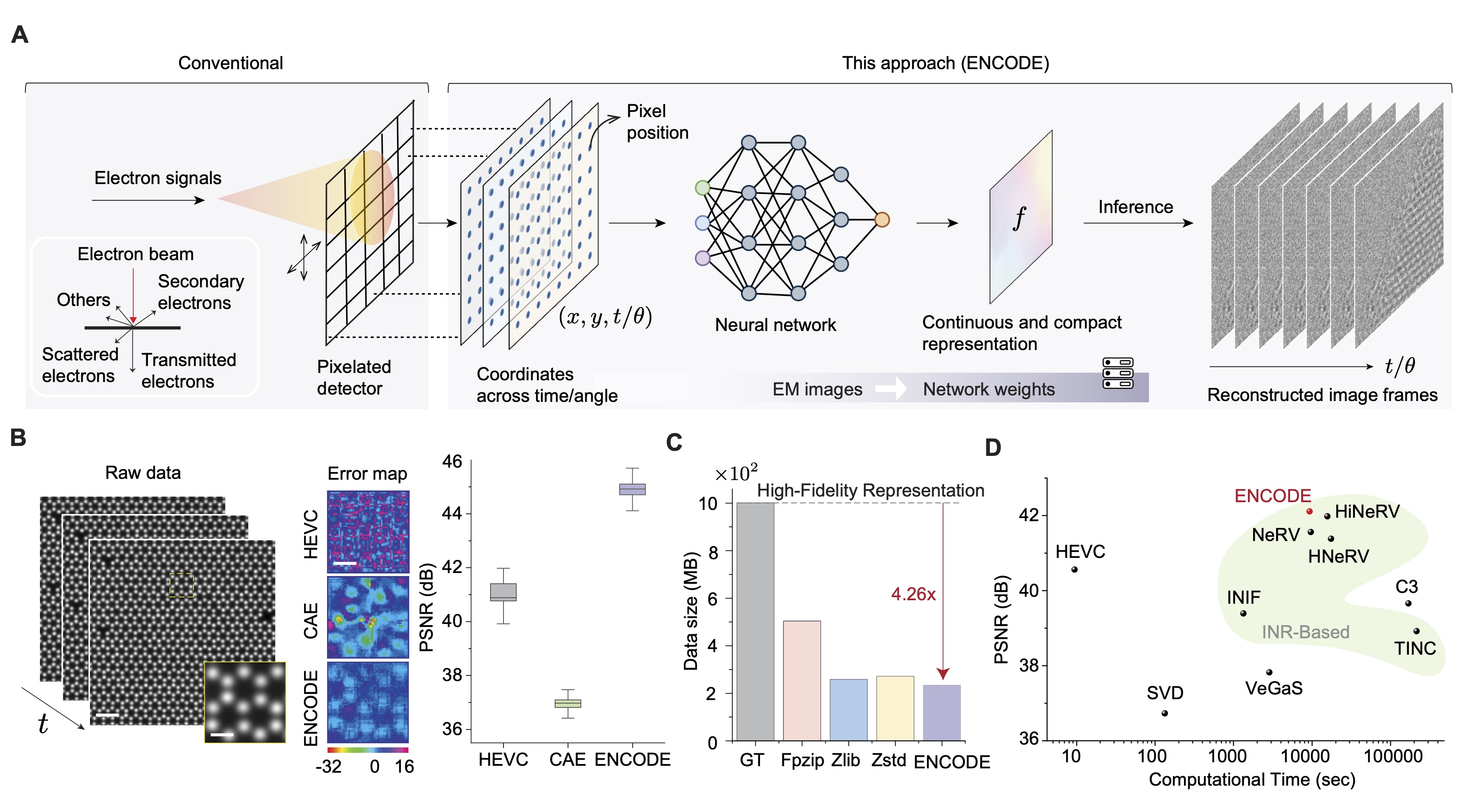 Learning Continuous Neural Representations Enables Scalable and High-Fidelity Electron Microscopy